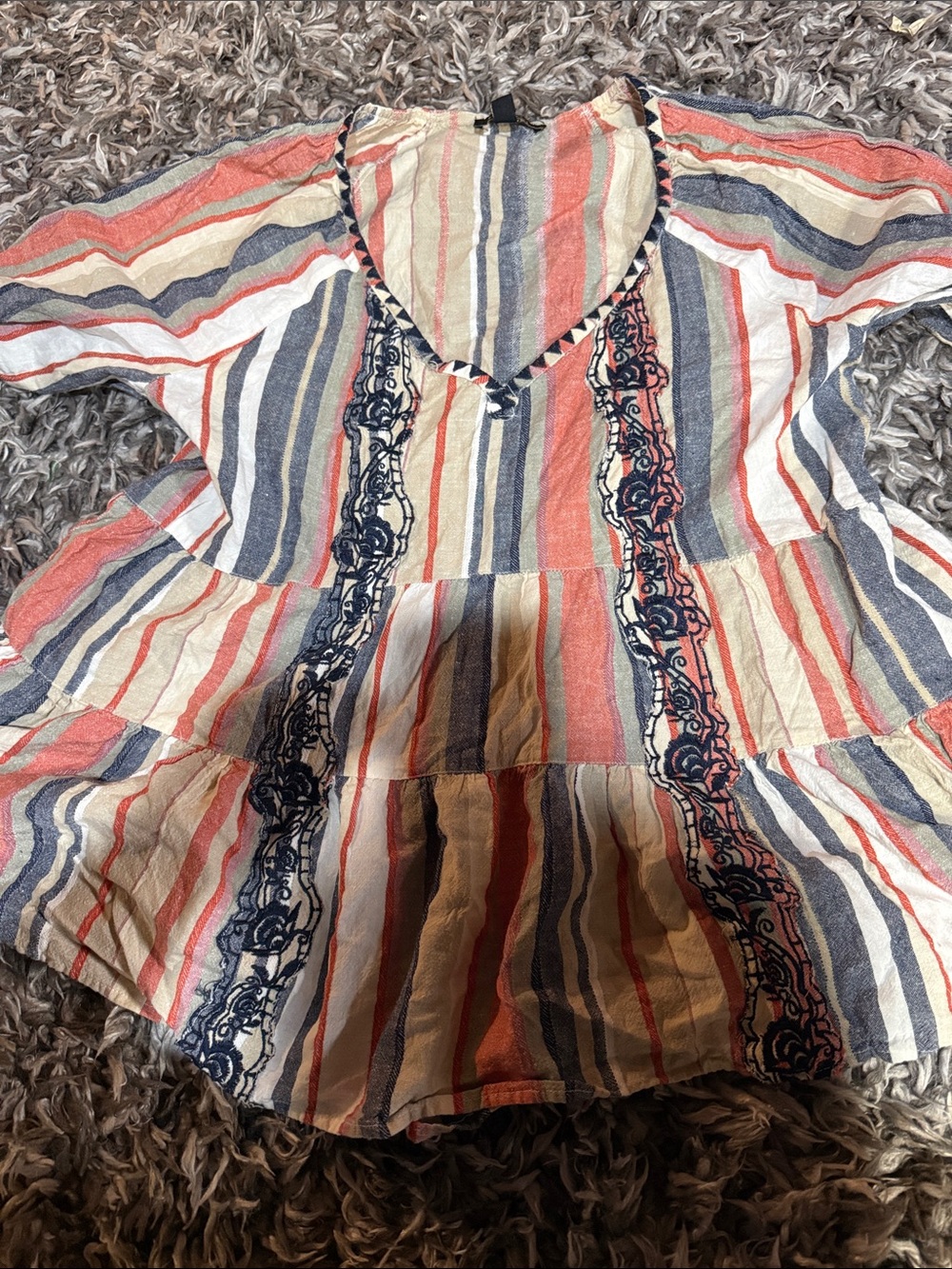 Melissa Paige Coral, Navy & Cream Striped Embroidered Tunic
